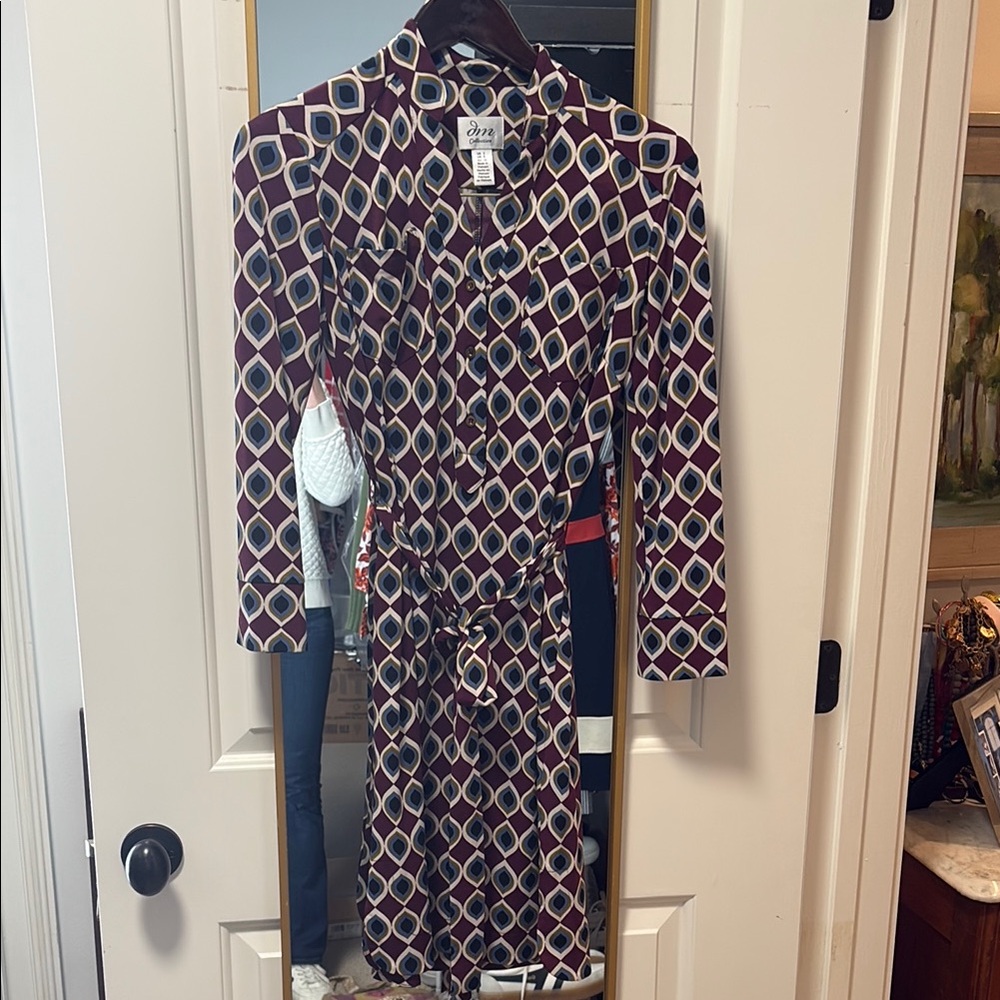 Purple print shirt dress with tie at waist